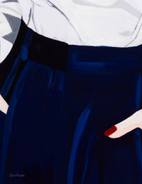 A close-up stylized painting of a person wearing a white top and dark navy trousers, with a black belt and a hand with red nail polish visible near the pocket. The artist's signature 'Orit Fuchs' appears in the lower left corner.