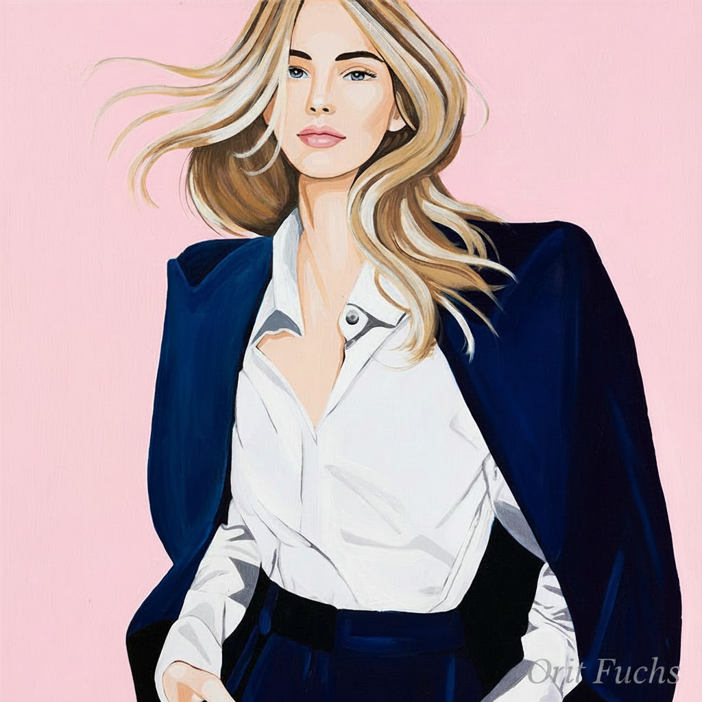 A stylized fashion original painting portrait of a woman with flowing blonde hair, wearing a white button-up shirt and dark navy tailored blazer and trousers, set against a solid pink background.