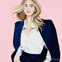 A stylized fashion original painting portrait of a woman with flowing blonde hair, wearing a white button-up shirt and dark navy tailored blazer and trousers, set against a solid pink background.