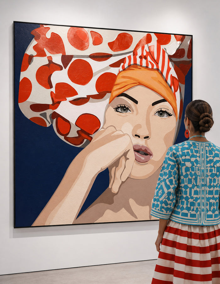 A woman in a blue and red patterned top and striped skirt stands in front of a large framed pop-art painting of a woman with an orange headscarf and red polka dots on a dark blue background. by Orit Fuchs