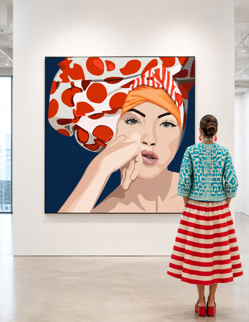 A woman stands with her back to the camera in a gallery, viewing a large pop-art portrait painting of a woman wearing a red and white patterned headscarf against a dark blue background. by Orit Fuchs