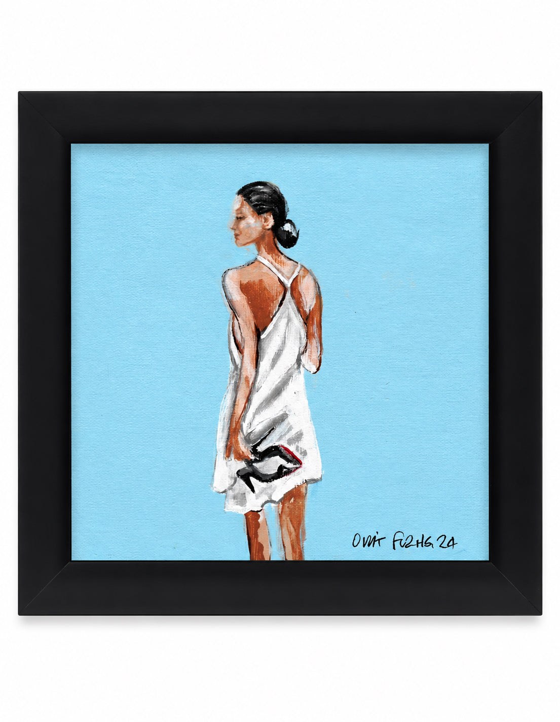 Framed art print featuring a original painting by Orit Fuchs of a woman in a white dress seen from behind, set against a light blue background with a black frame.