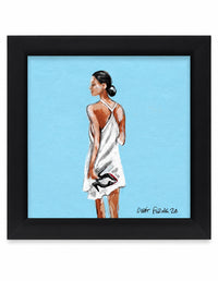 Framed art print featuring a original painting by Orit Fuchs of a woman in a white dress seen from behind, set against a light blue background with a black frame.