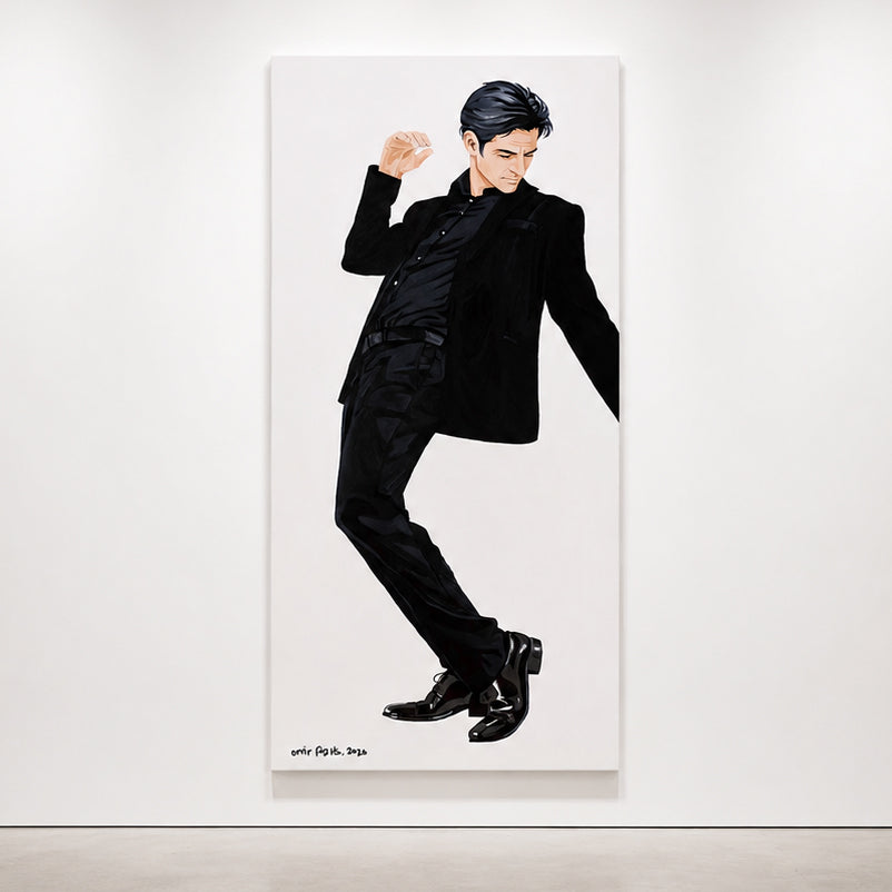 A large vertical Original painting by Orit Fuchs  featuring a stylized illustration of a man in a black suit, displayed on a white gallery wall.