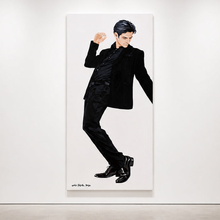 A large vertical Original painting by Orit Fuchs  featuring a stylized illustration of a man in a black suit, displayed on a white gallery wall.