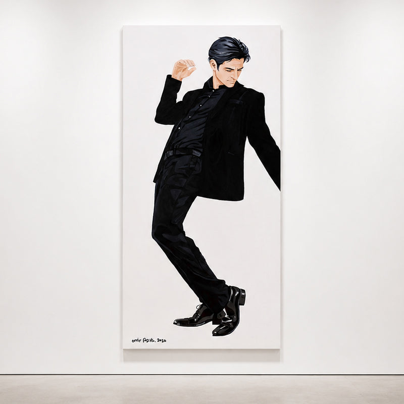 A large vertical Original painting by Orit Fuchs  featuring a stylized illustration of a man in a black suit, displayed on a white gallery wall.