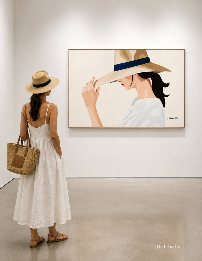 A woman in a white sundress and straw hat stands in a gallery, facing a framed original artwork of a woman in profile wearing a wide-brimmed straw hat. The painting  is signed by Orit Fuchs