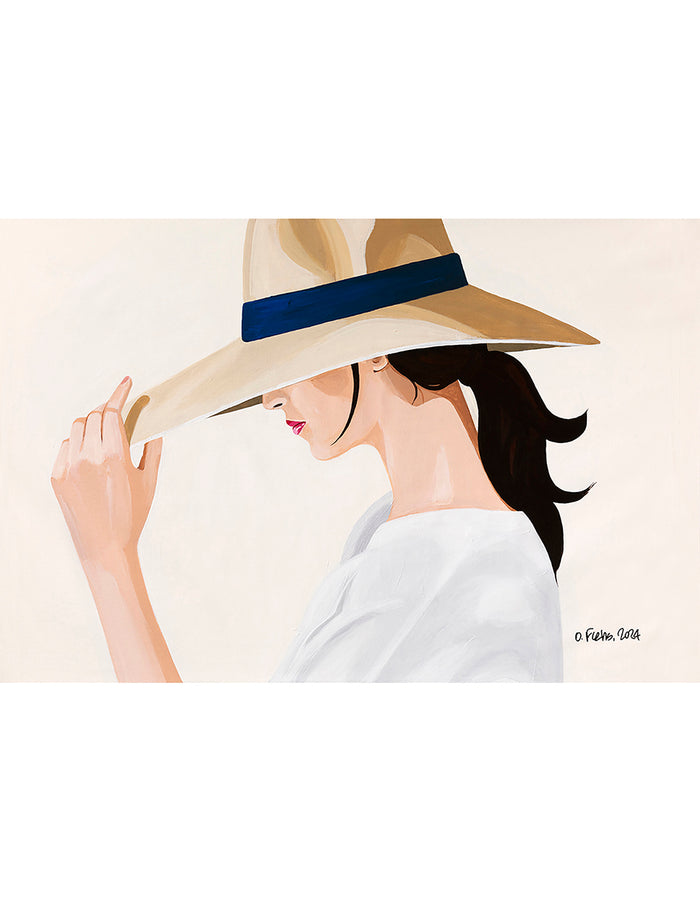 A stylized portrait original painting of a woman in profile wearing a wide-brimmed beige hat with a dark navy band, a white top, and dark hair, set against a light cream background.