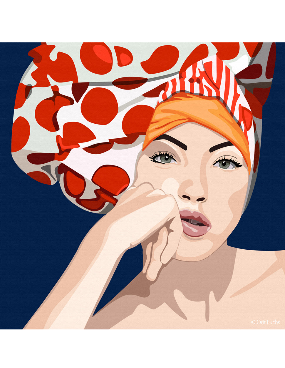 A Giclee print featuring a hand-embellished, hand-signed and numbered artwork by Orit Fuchs depicting a female figure with a colorful headscarf and a red and white striped headwrap.